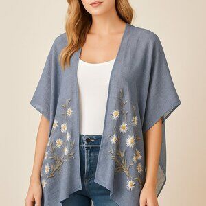Sheer Blue Boho Embroidered Kimono Cardigan – One Size